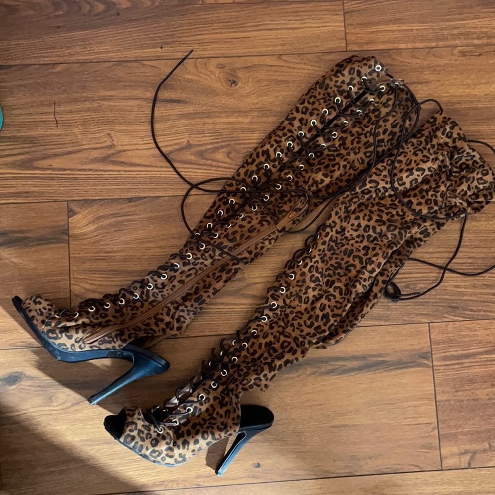 Animal Print Open Toed Thigh High Heels